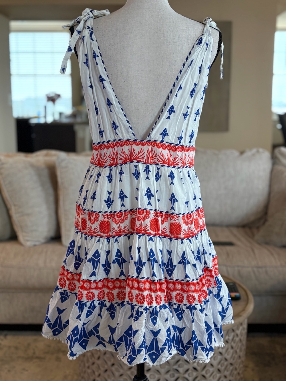 FARM Rio White Mini Dress with Blue Geometric Print and Red Trim - Picture 2 of 7